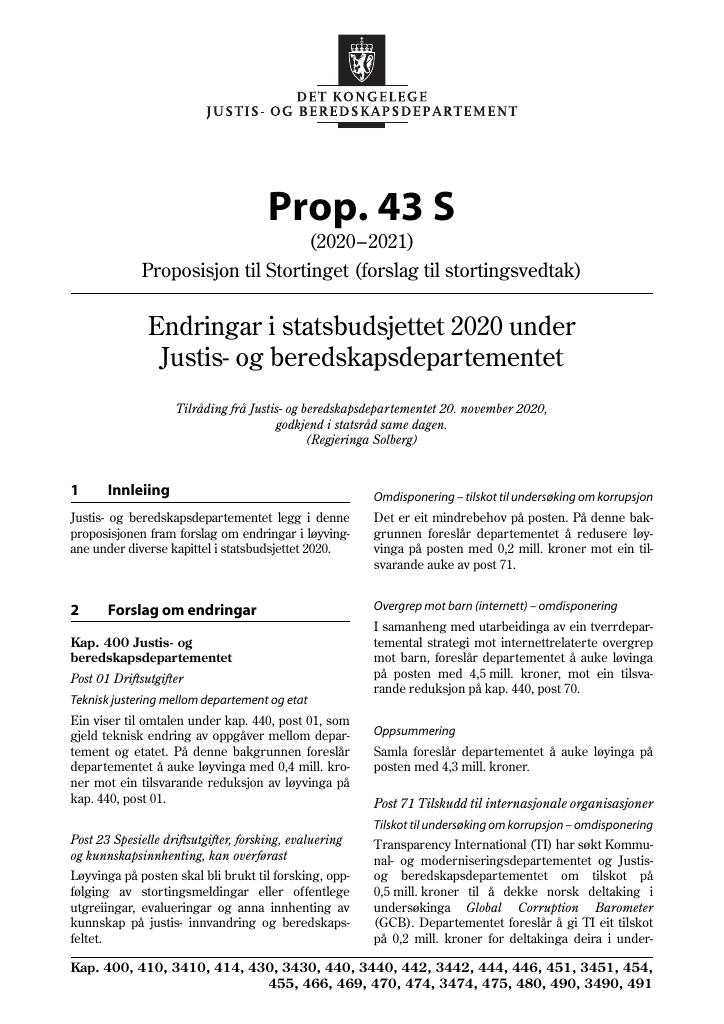 Forsiden av dokumentet Prop. 43 S (2020–2021)