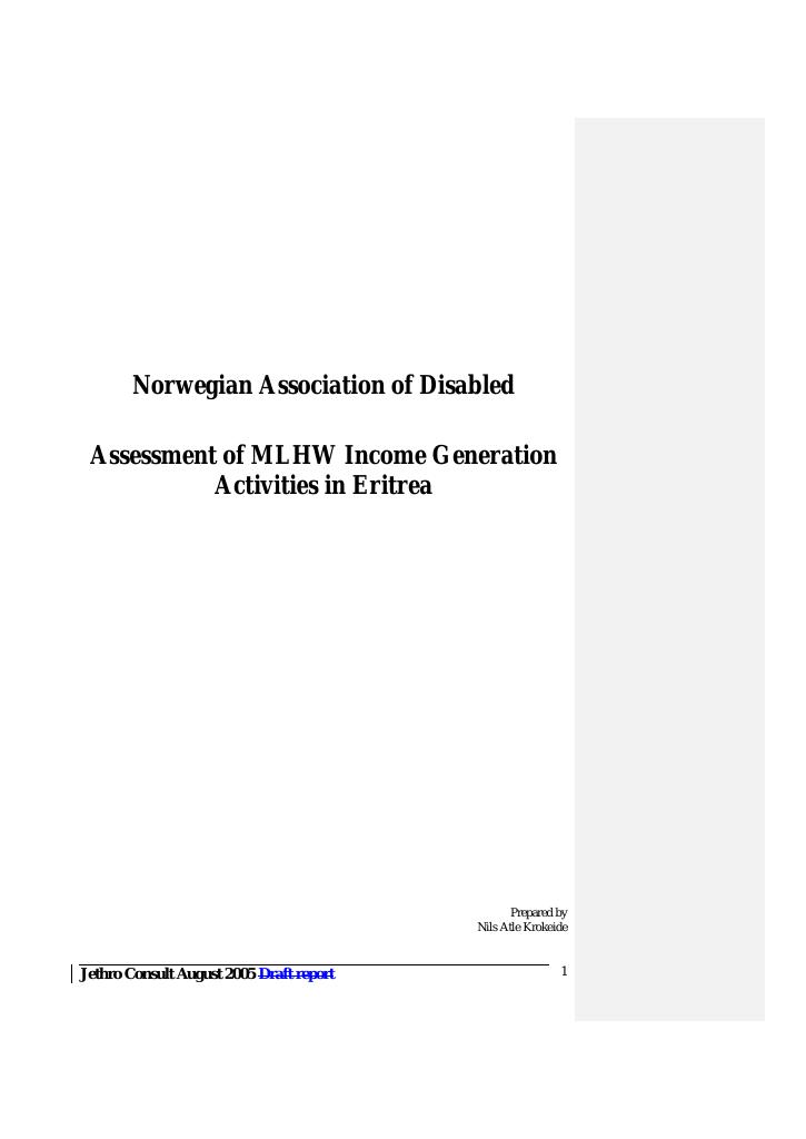 Forsiden av dokumentet Assessment of MLHW Income Generation Activities in Eritrea