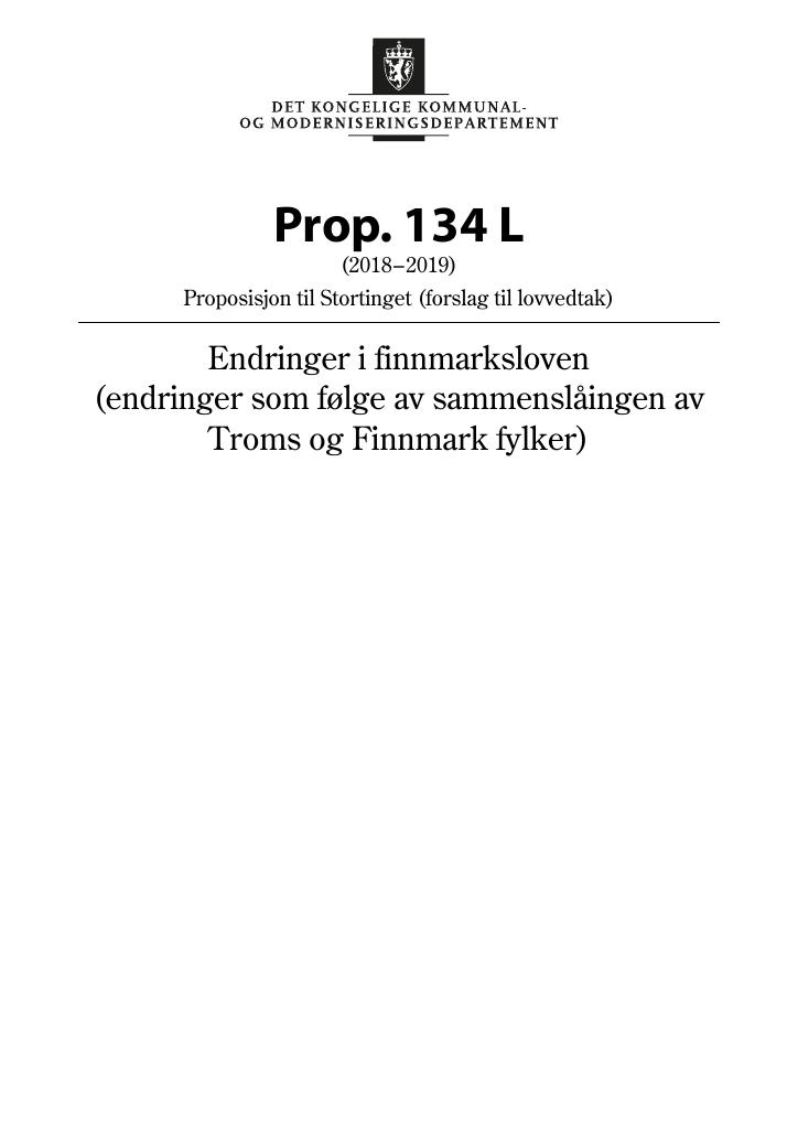 Forsiden av dokumentet Prop. 134 L (2018–2019)