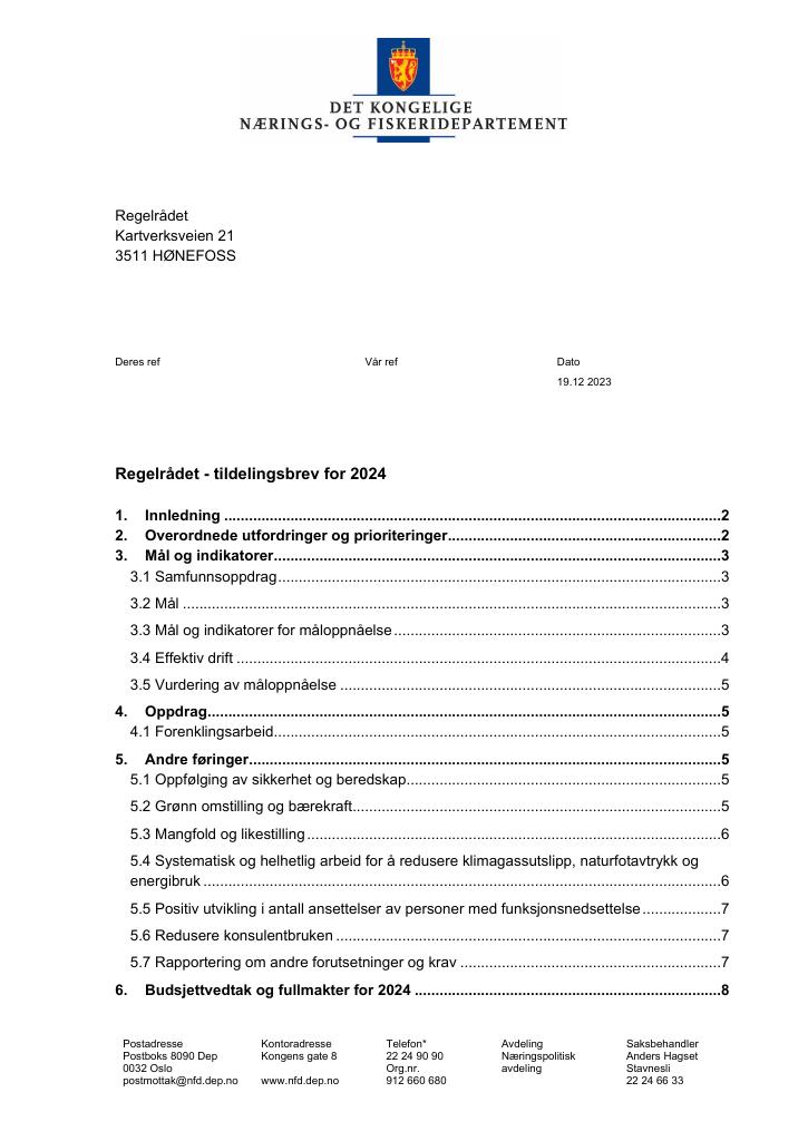 Forsiden av dokumentet Tildelingsbrev Regelrådet 2024