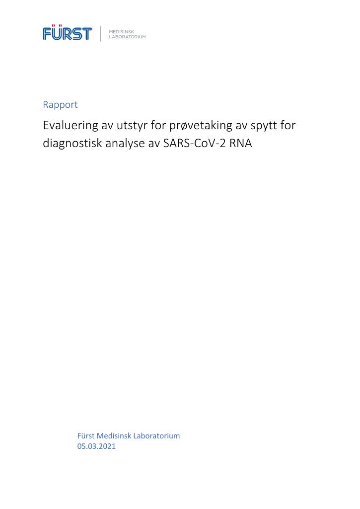 Forsiden av dokumentet Evaluering av utstyr for prøvetaking av spytt for diagnostisk analyse av SARS-CoV-2 RNA