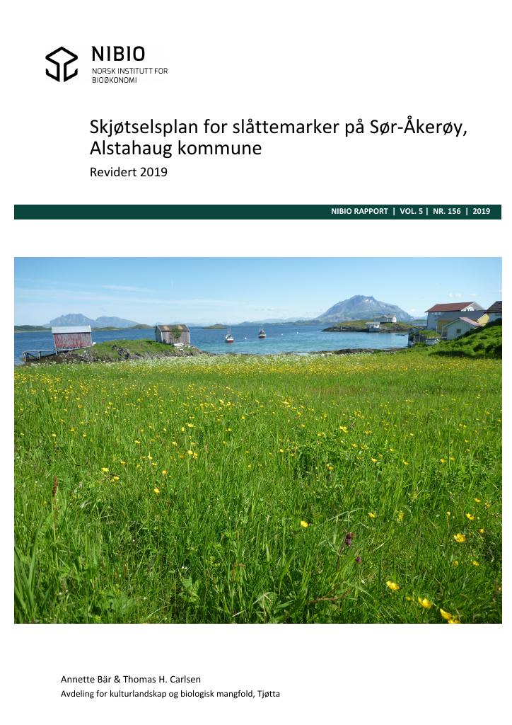 Forsiden av dokumentet Skjøtselsplan for slåttemarker på Sør-Åkerøy, Alstahaug kommune : revidert 2019