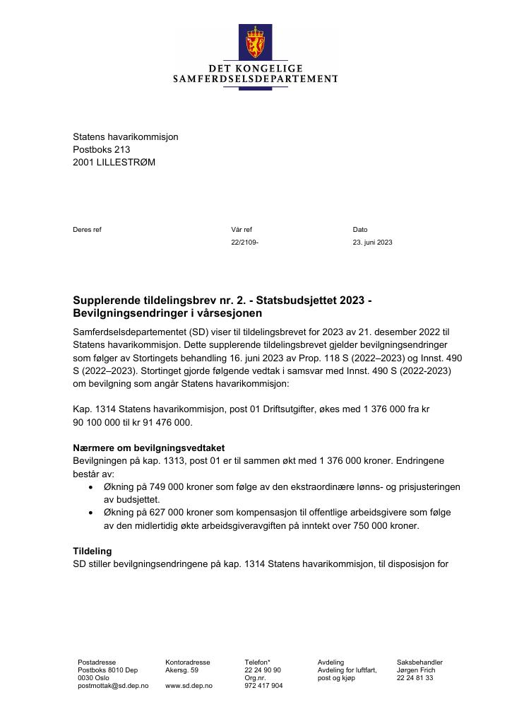 Forsiden av dokumentet Tildelingsbrev Statens havarikommisjon 2023 - tillegg nr. 2