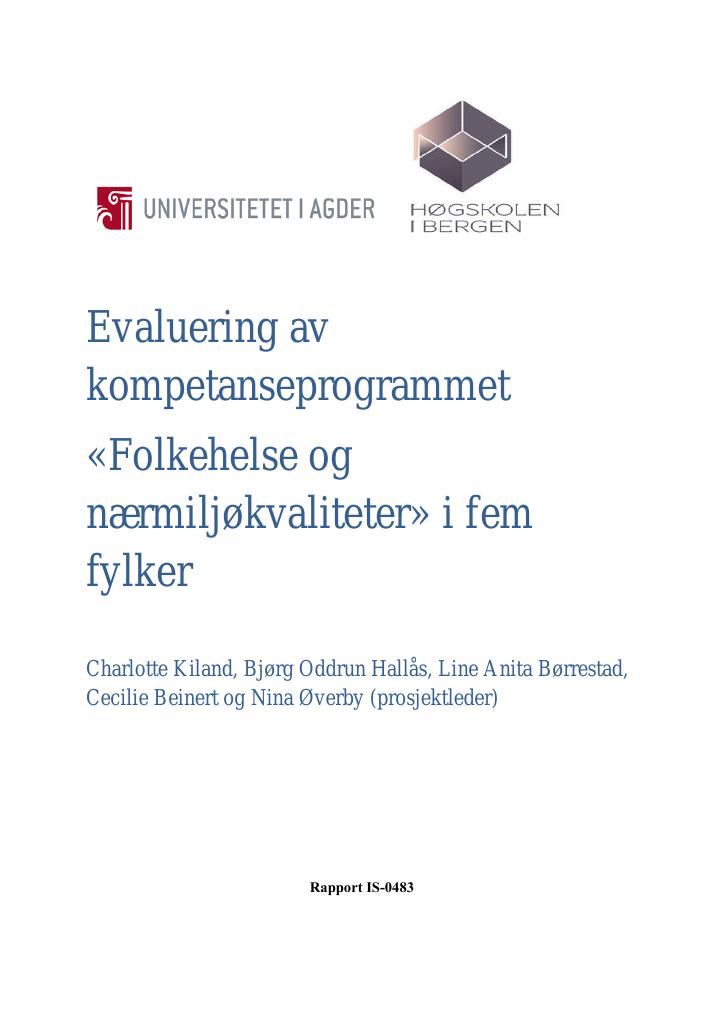 Forsiden av dokumentet Evaluering av kompetanseprogrammet «Folkehelse og nærmiljøkvaliteter» i fem fylker