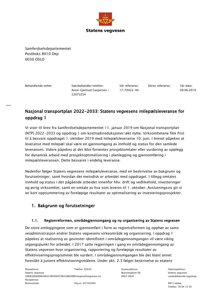 Forsiden av dokumentet Nasjonal transportplan 2022–2033: Oppdrag 1. Milepælleveranse fra Statens vegvesen