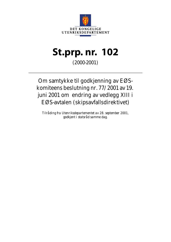 Forsiden av dokumentet St.prp. nr. 102 (2000-2001)