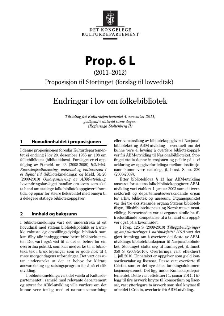 Forsiden av dokumentet Prop. 6 L (2011–2012)