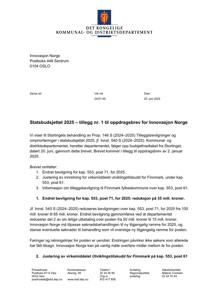 Forsiden av dokumentet Tildelingsbrev Innovasjon Norge 2025 - tillegg