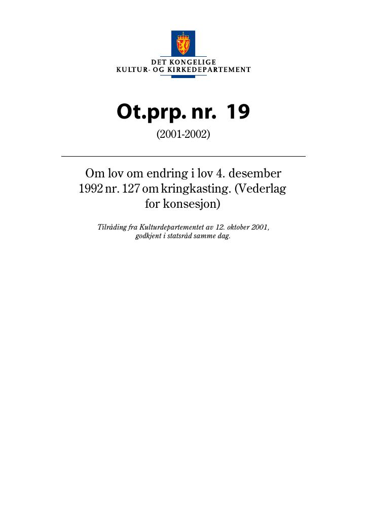 Forsiden av dokumentet Ot.prp. nr. 19 (2001-2002)