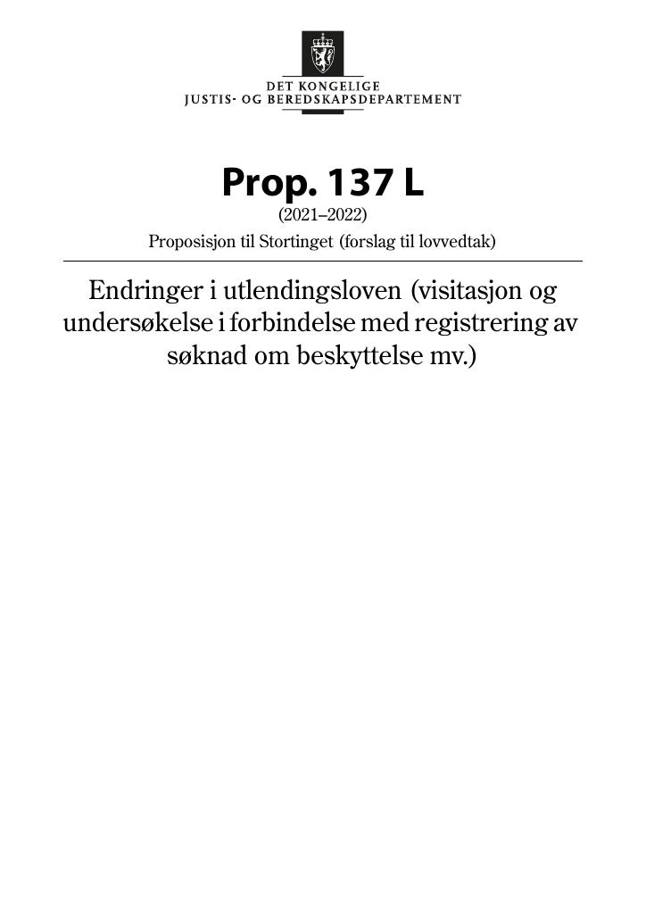 Forsiden av dokumentet Prop. 137 L (2021–2022)