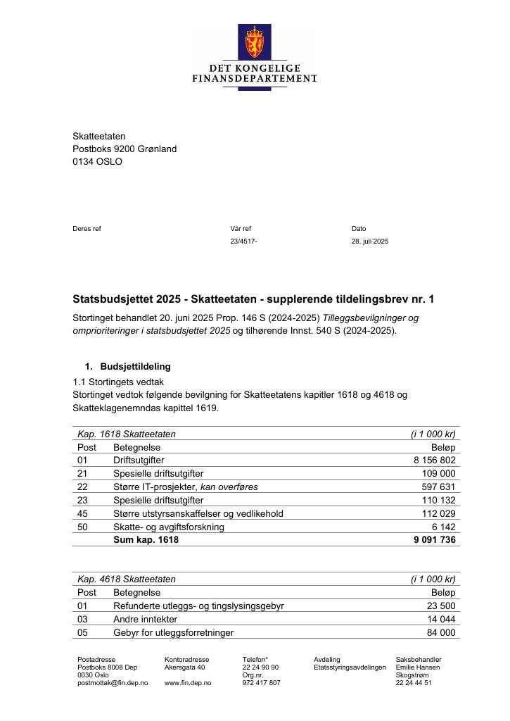 Forsiden av dokumentet Tildelingsbrev Skatteetaten 2025 - tillegg nr. 1