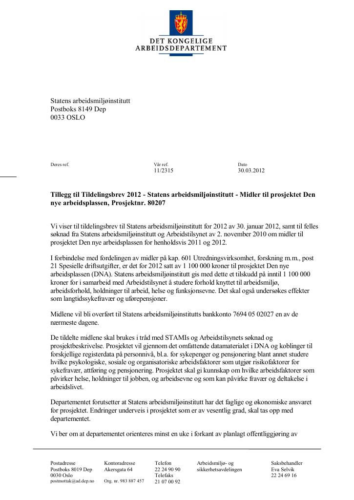 Forsiden av dokumentet Tildelingsbrev Statens arbeidsmiljøinstitutt (STAMI) 2012 - tillegg