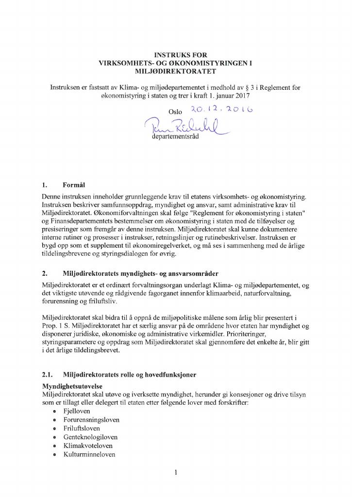 Forsiden av dokumentet Instruks Miljødirektoratet 2017