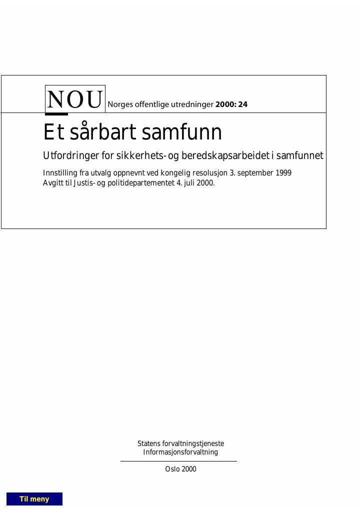 Forsiden av dokumentet NOU 2000: 24 - Et sårbart samfunn