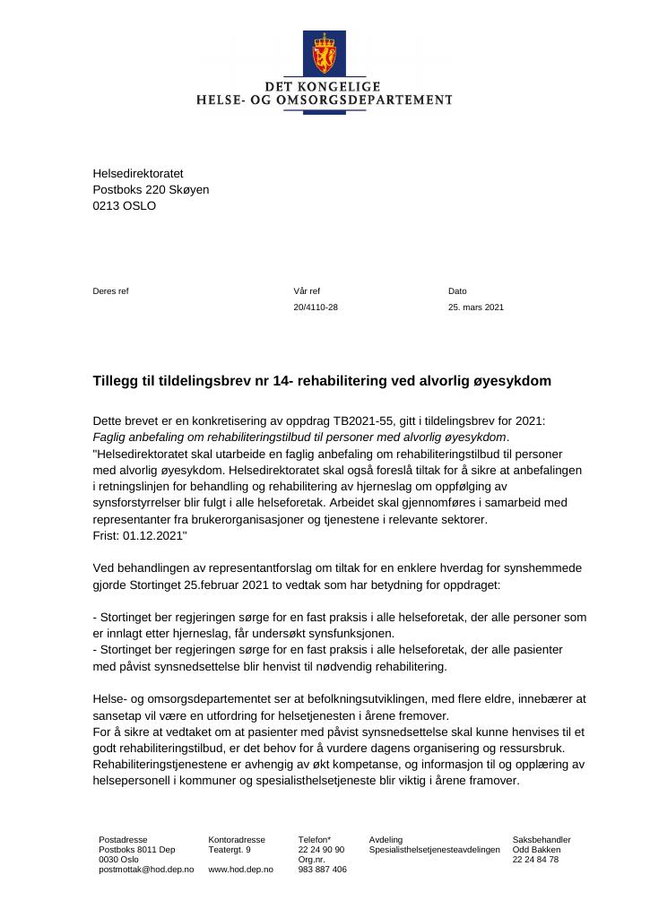 Forsiden av dokumentet Tildelingsbrev Helsedirektoratet 2021 - tillegg nr. 14