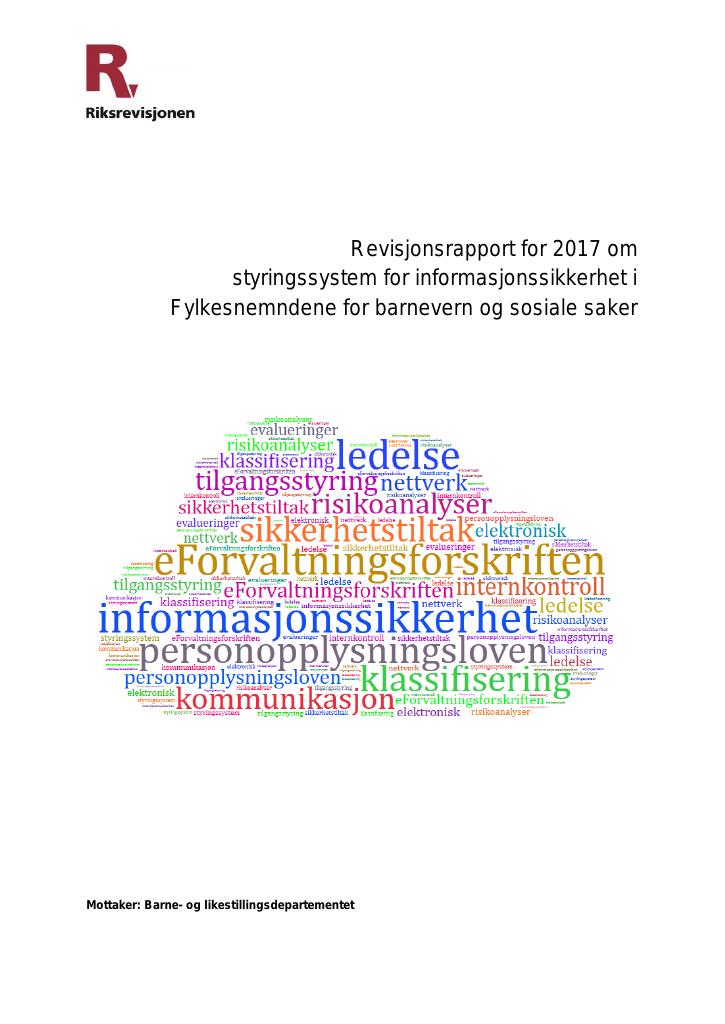 Forsiden av dokumentet Revisjonsrapport for 2017 om styringssystem for informasjonssikkerhet i Fylkesnemndene for barnevern og sosiale saker