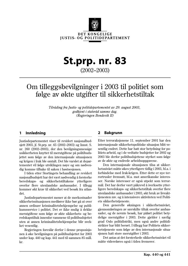 Forsiden av dokumentet St.prp. nr. 83 (2002-2003)