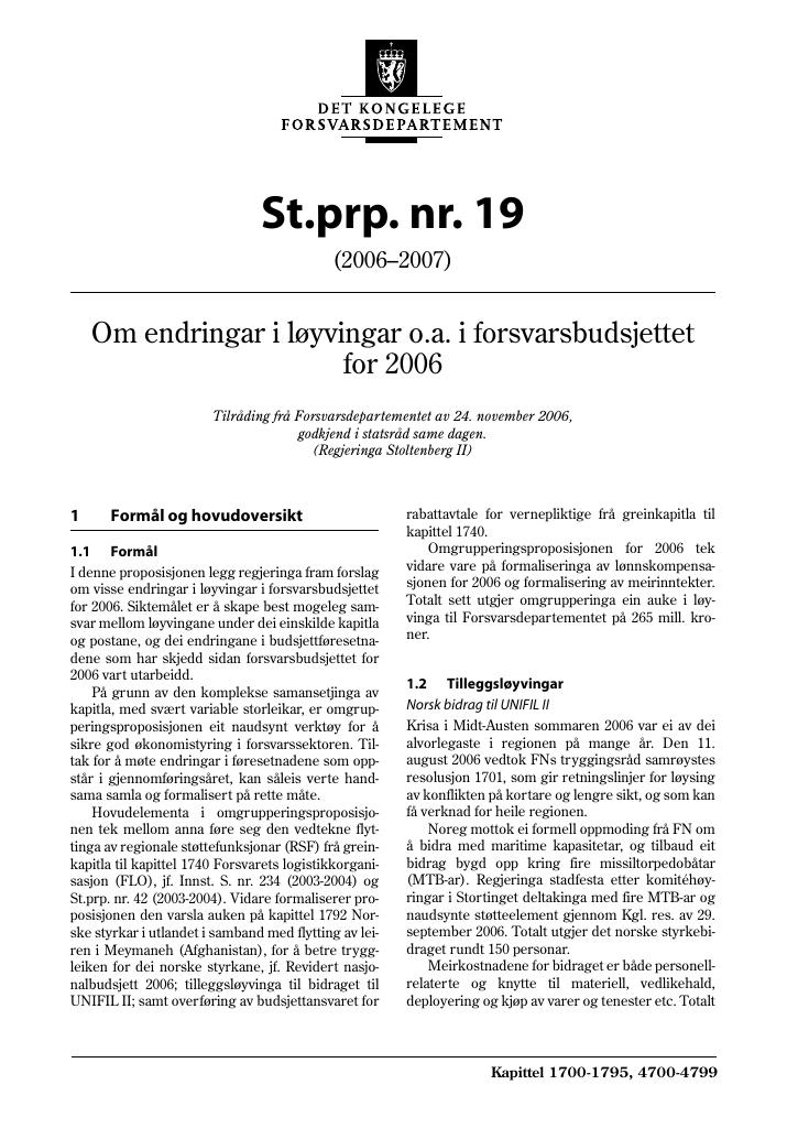 Forsiden av dokumentet St.prp. nr. 19 (2006-2007)