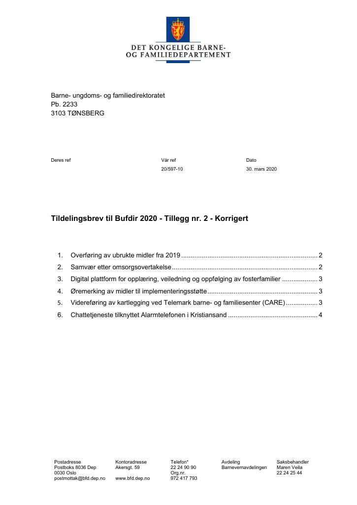 Forsiden av dokumentet Tildelingsbrev Bufdir 2020 - tillegg nr. 2