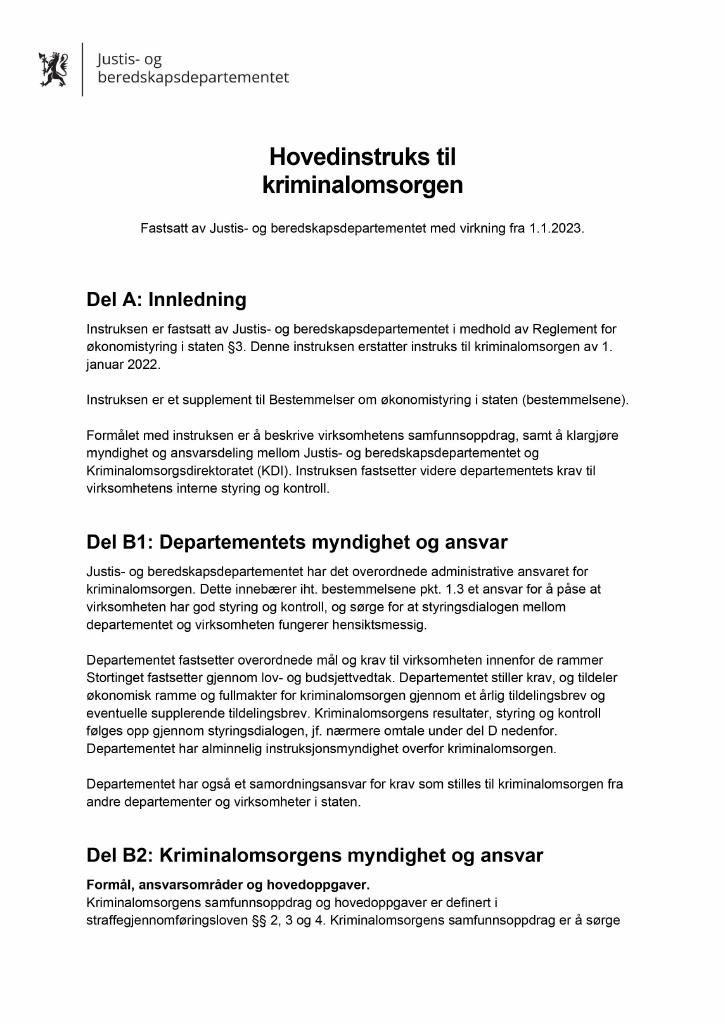 Forsiden av dokumentet Hovedinstruks Kriminalomsorgen 2023