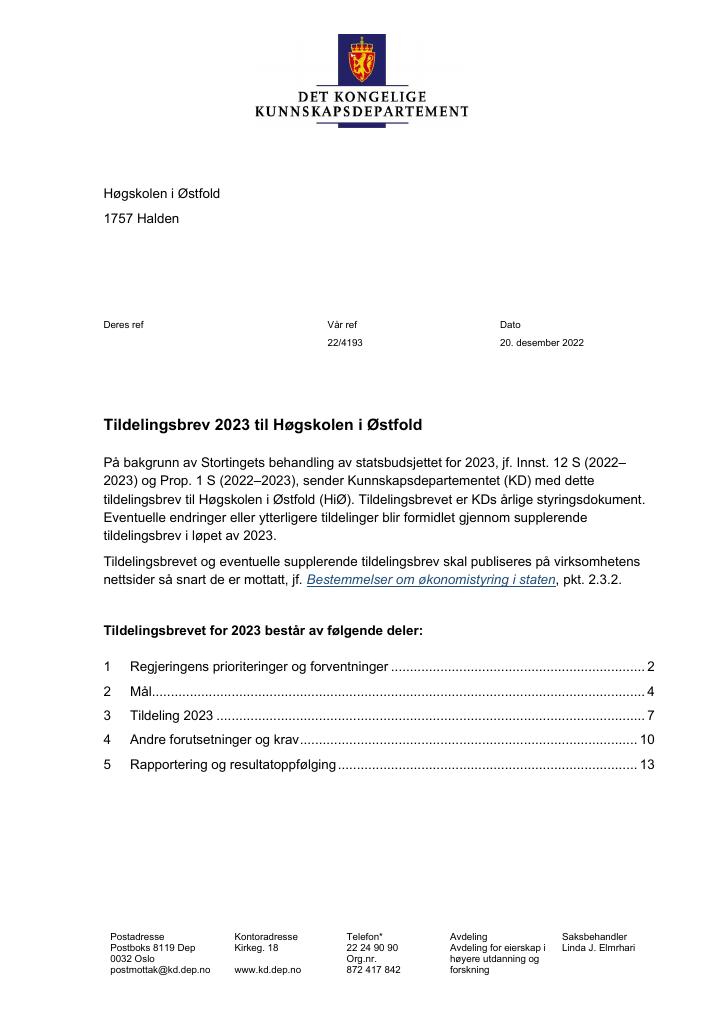 Forsiden av dokumentet Tildelingsbrev Høgskolen i Østfold 2023