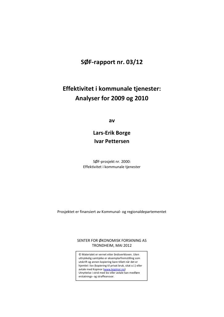 Forsiden av dokumentet Effektivitet i kommunale tjenester: Analyser for 2009 og 2010