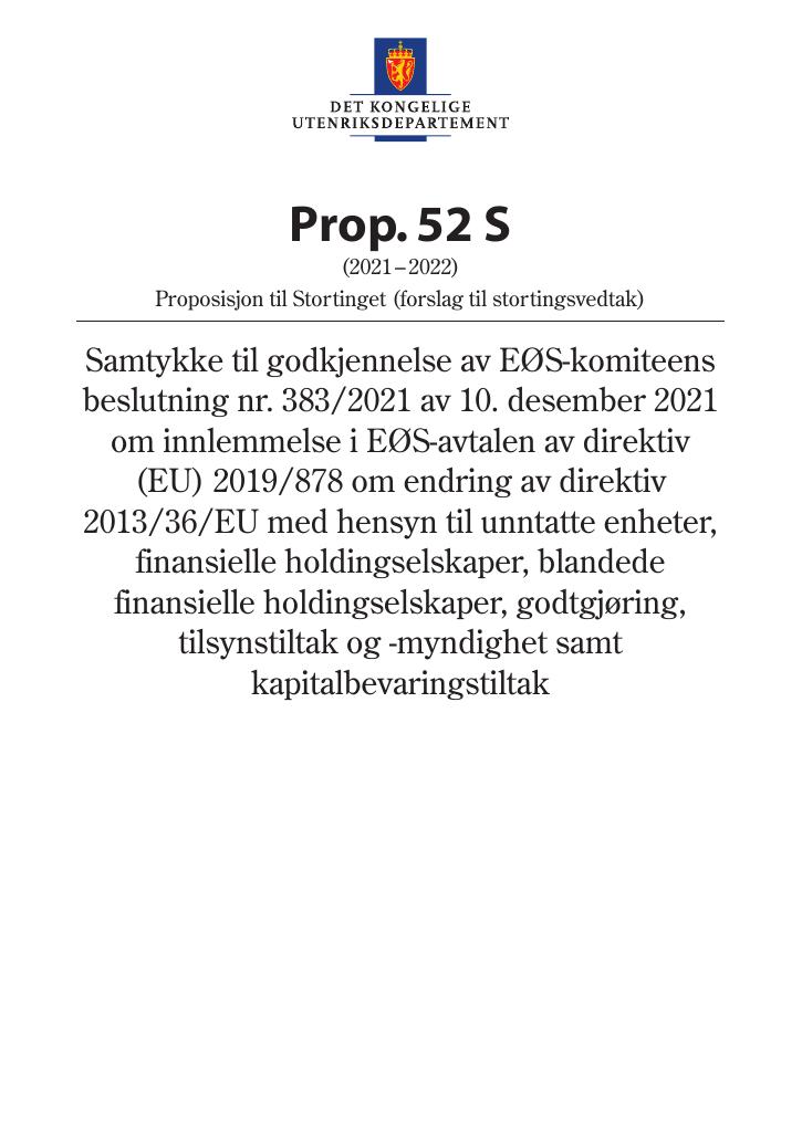 Forsiden av dokumentet Prop. 52 S (2021–2022)