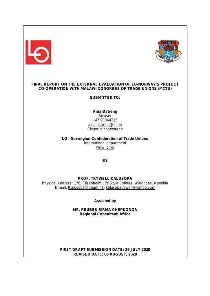 Forsiden av dokumentet LO-Norway's project co-operation with Malawi Congress of Trade unions (MCTU)