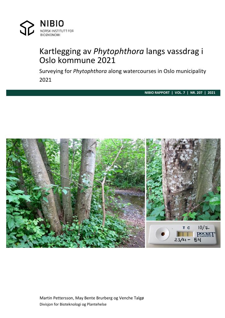 Forsiden av dokumentet Kartlegging av Phytophthora langs vassdrag i Oslo kommune 2021 : surveying for Phytophthora along watercourses in Oslo municipality 2021