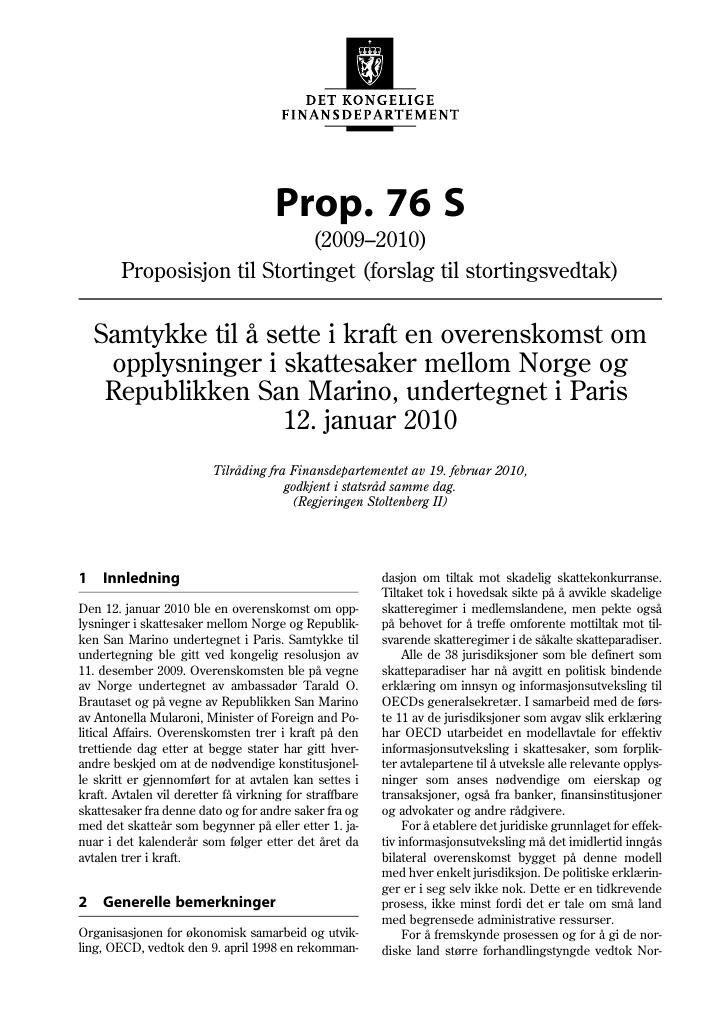 Forsiden av dokumentet Prop. 76 S (2009-2010)