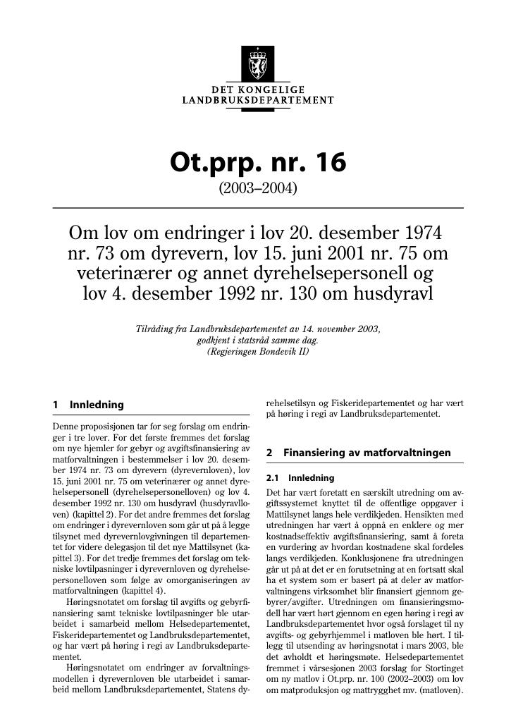 Forsiden av dokumentet Ot.prp. nr. 16 (2003-2004)