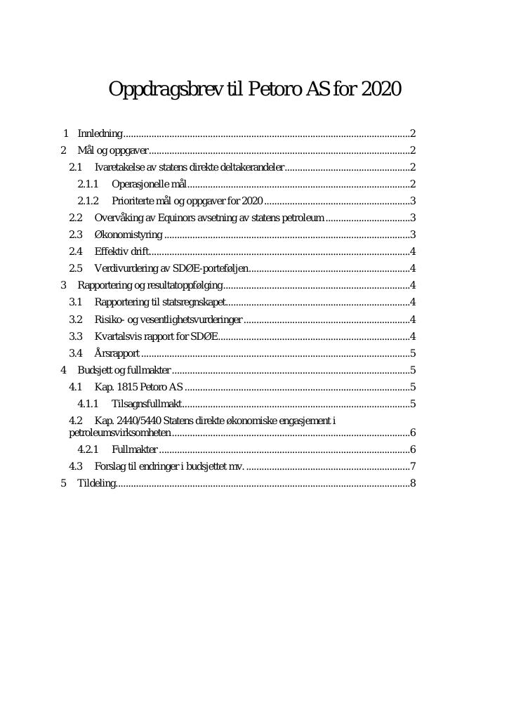 Forsiden av dokumentet Oppdragsbrev Petoro 2020