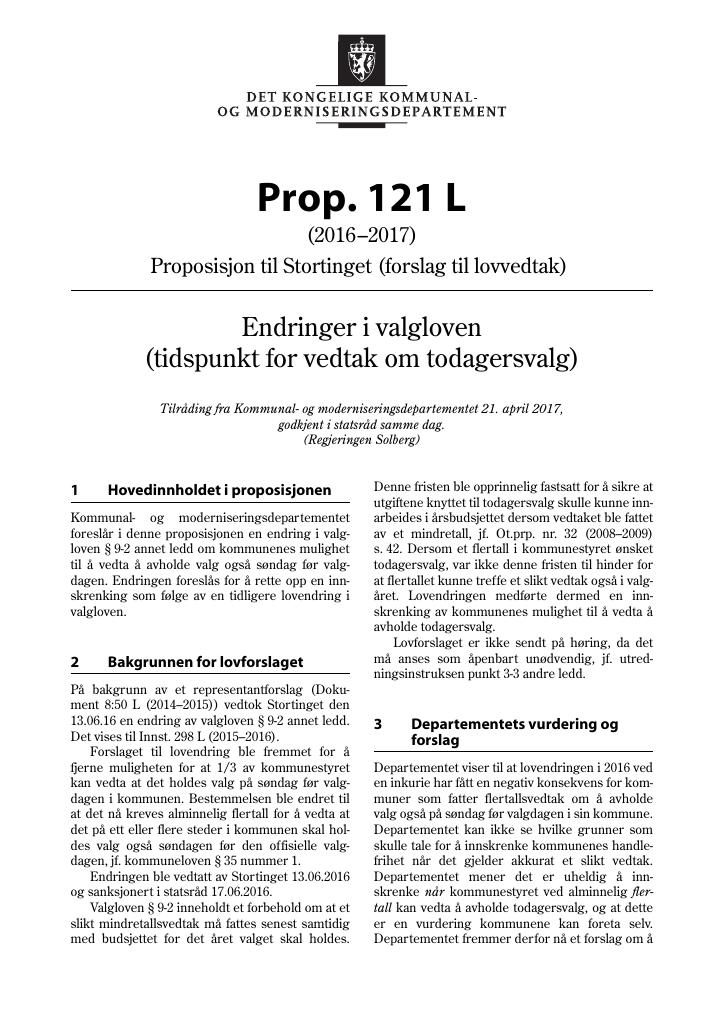 Forsiden av dokumentet Prop. 121 L (2016–2017)