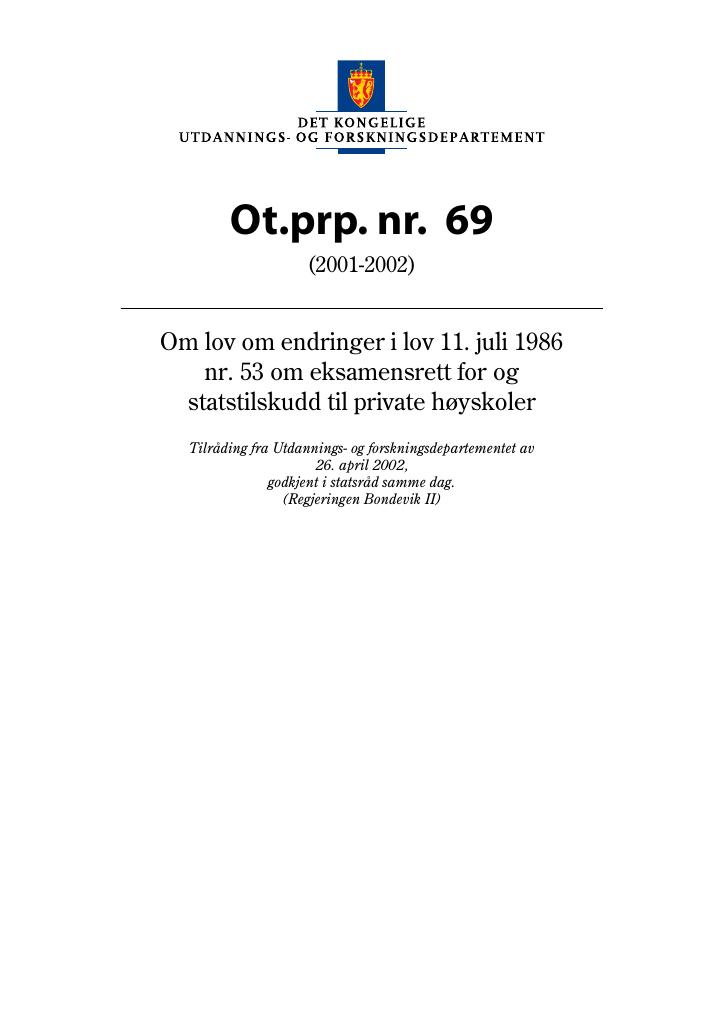 Forsiden av dokumentet Ot.prp. nr. 69 (2001-2002)