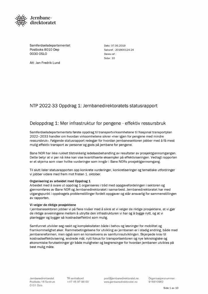 Forsiden av dokumentet NTP 2022-33 Oppdrag 1: Jernbanedirektoratets statusrapport