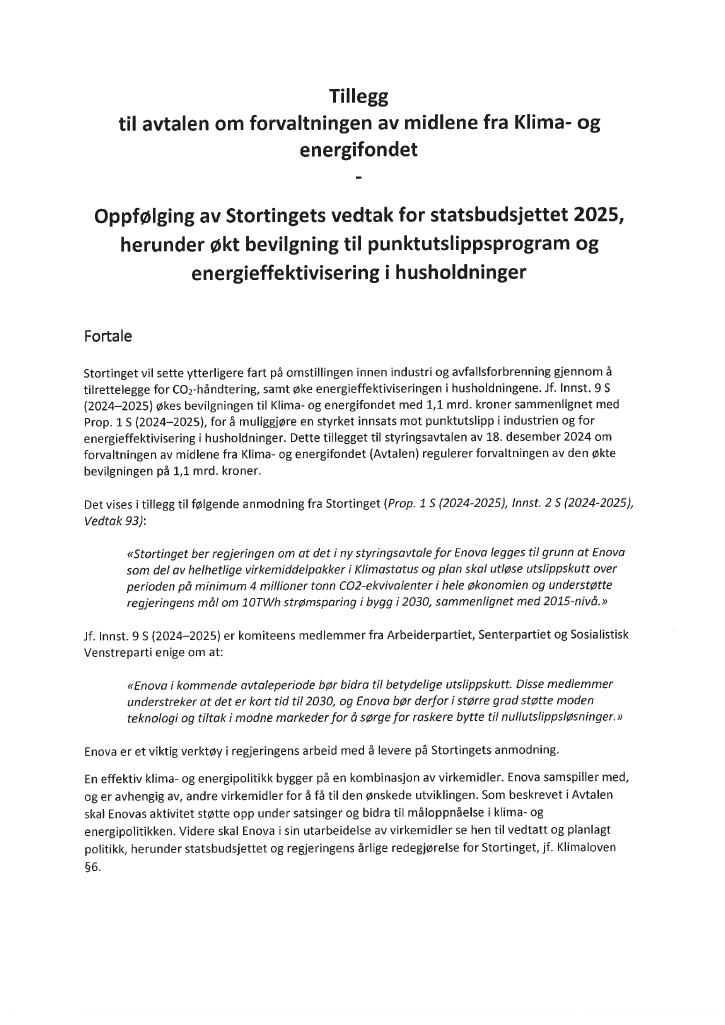 Forsiden av dokumentet Signert avtale om forvaltningen av midlene fra Klima- og energifondet - tillegg