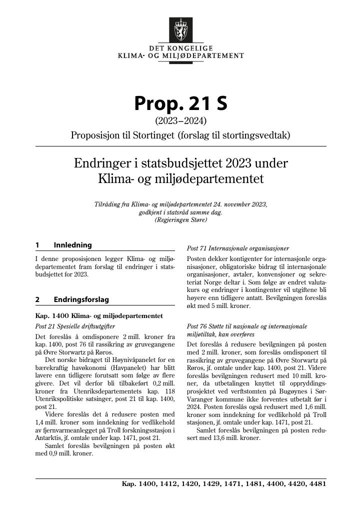 Forsiden av dokumentet Prop. 21 S (2023–2024)