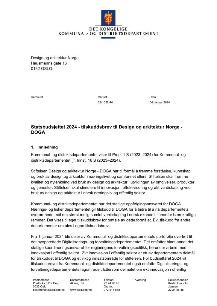 Forsiden av dokumentet Tilskuddsbrev til stiftelsen Design og arkitektur Norge (DOGA) 2024