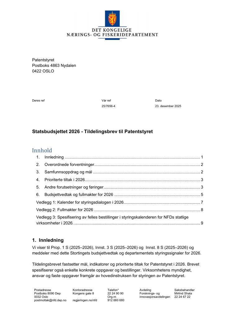 Forsiden av dokumentet Tildelingsbrev Patentstyret 2026