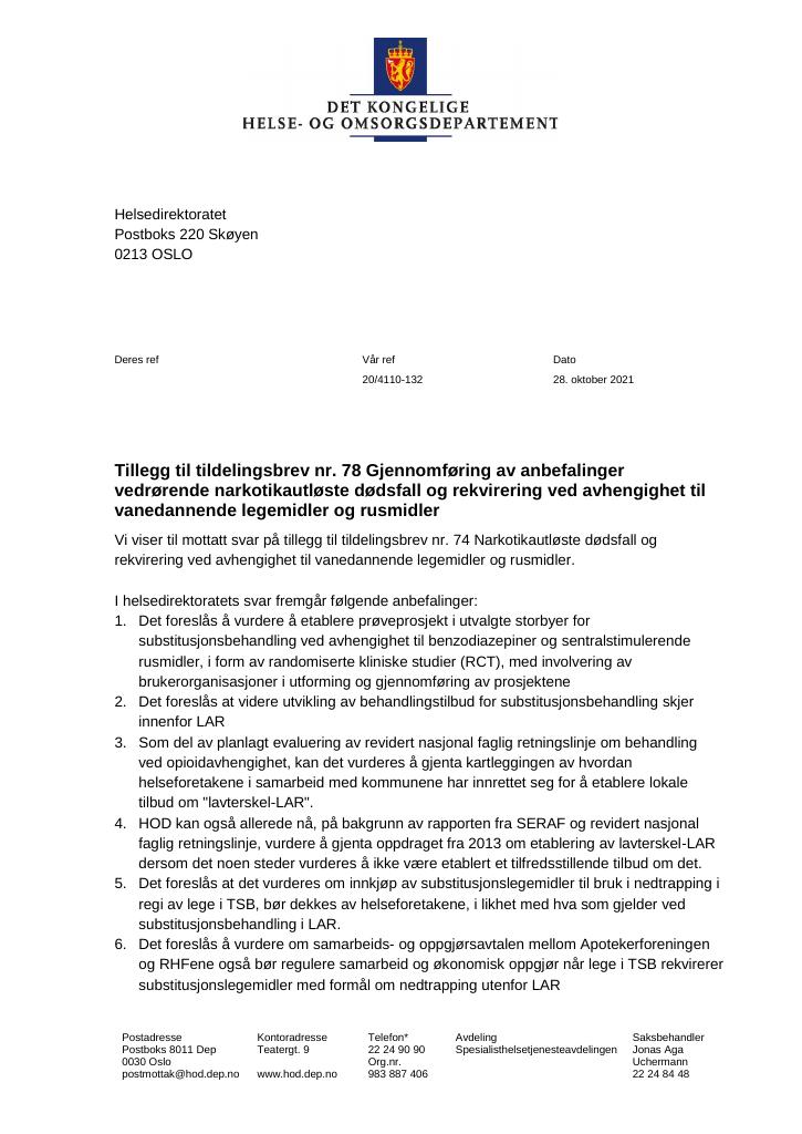 Forsiden av dokumentet Tildelingsbrev Helsedirektoratet 2021 - tillegg nr. 78