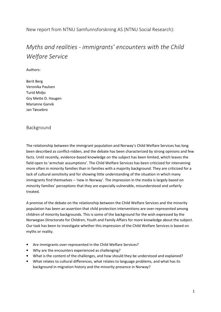 Forsiden av dokumentet Myths and Realities - Immigrants’ Encounters with the Child Welfare Service