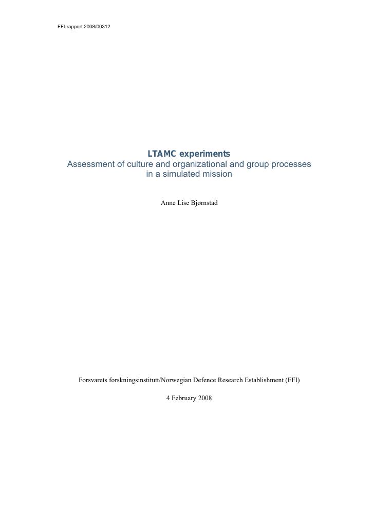 Forsiden av dokumentet LTAMC experiments - assessment of culture and organizational and group processes in a simulated mission