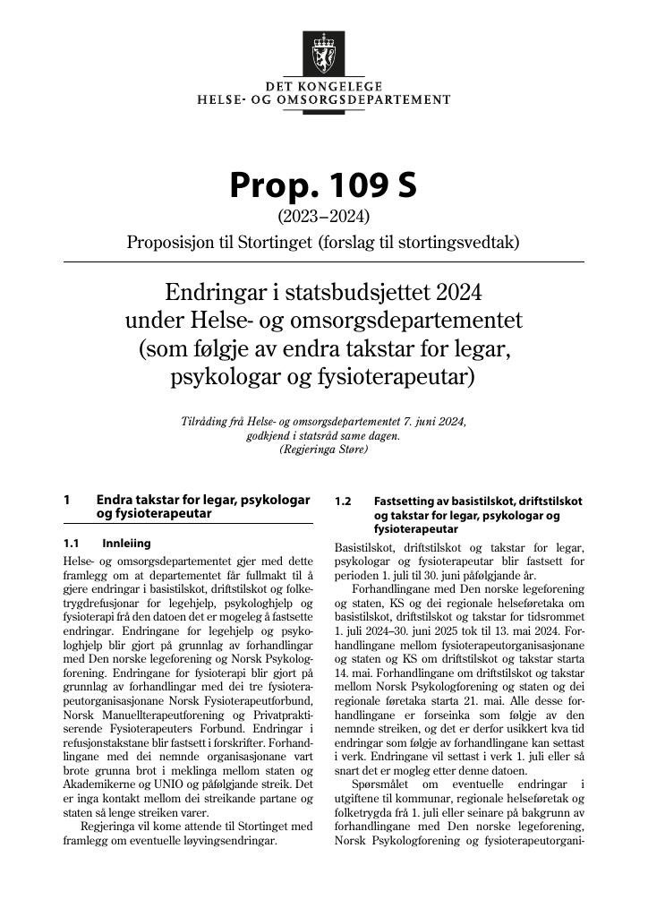 Forsiden av dokumentet Prop. 109 S (2023–2024)