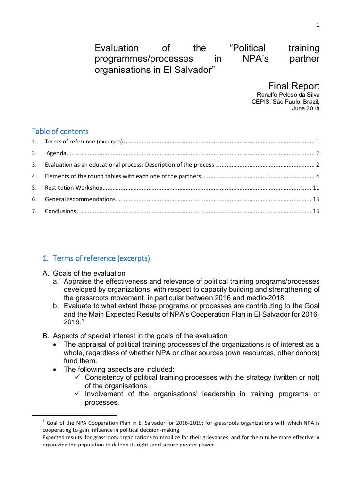 Forsiden av dokumentet Evaluation of the "Political training programmes of NPA’s partner organisations in El Salvador"