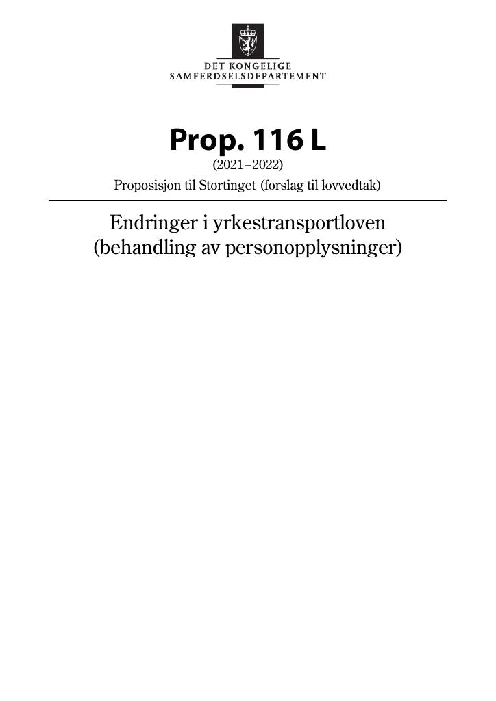 Forsiden av dokumentet Prop. 116 L (2021–2022)