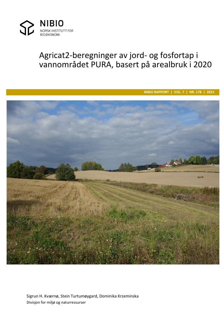 Forsiden av dokumentet Agricat2-beregninger av jord- og fosfortap i vannområdet PURA, basert på arealbruk i 2020