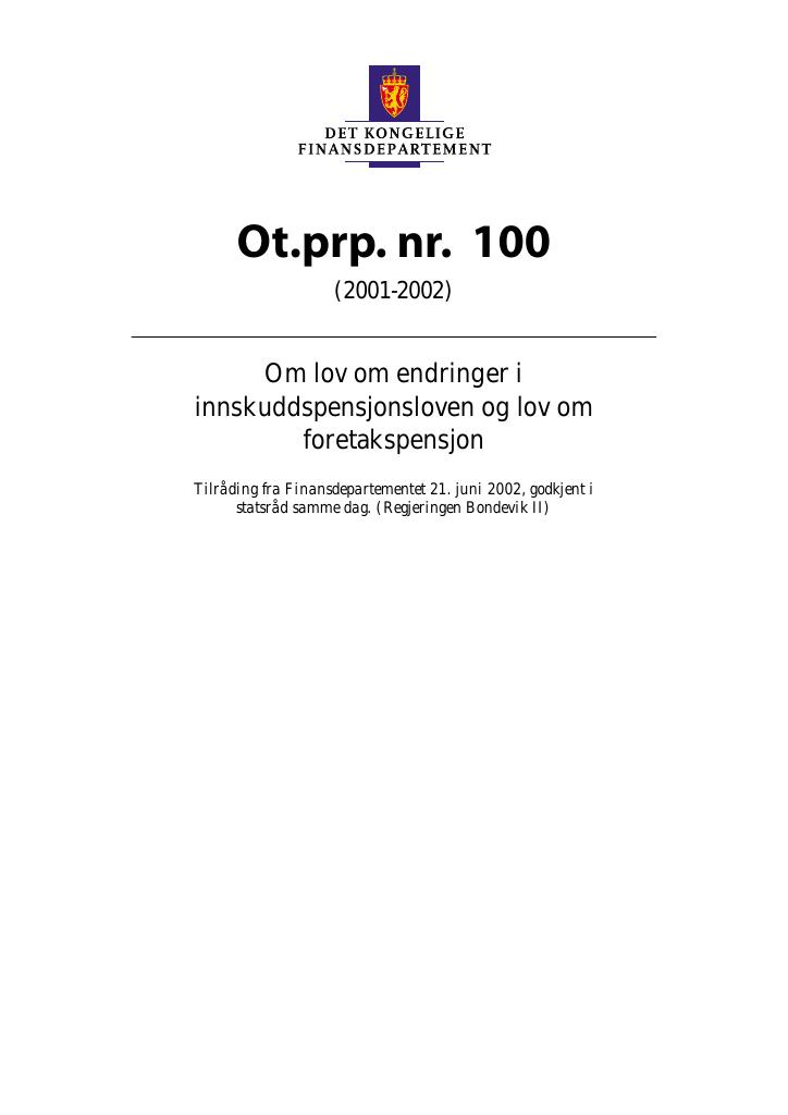 Forsiden av dokumentet Ot.prp. nr. 100 (2001-2002)