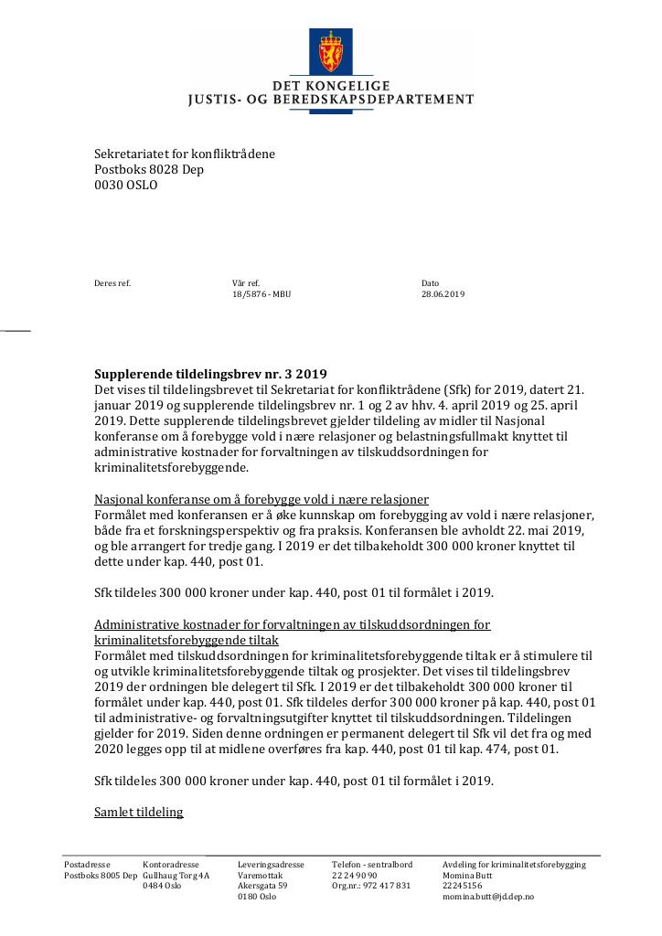 Forsiden av dokumentet Supplerende tildelingsbrev nr. 3 Sekretariatet for konfliktrådene 2019