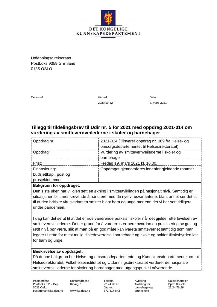 Forsiden av dokumentet Tildelingsbrev Utdanningsdirektoratet 2021 - tillegg nr. 5