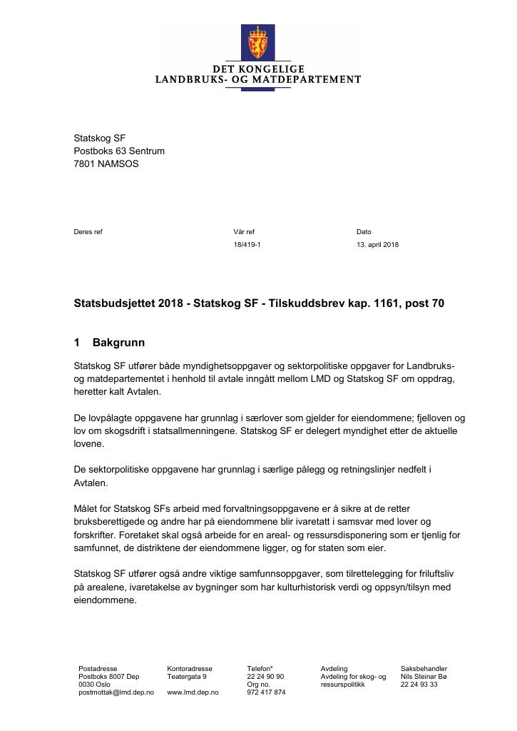 Forsiden av dokumentet Tilskuddsbrev 2018 kap. 1161 post 70